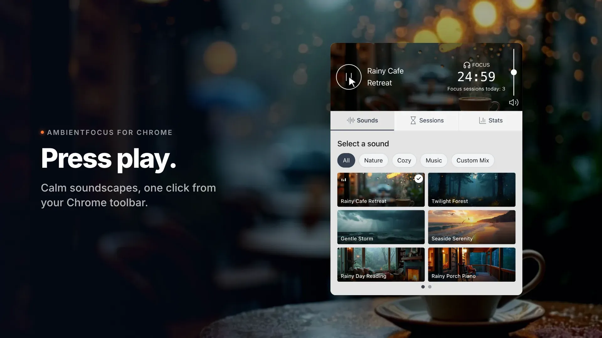 The AmbientFocus player over a rainy café, playing Rainy Cafe Retreat with a 24:59 focus timer