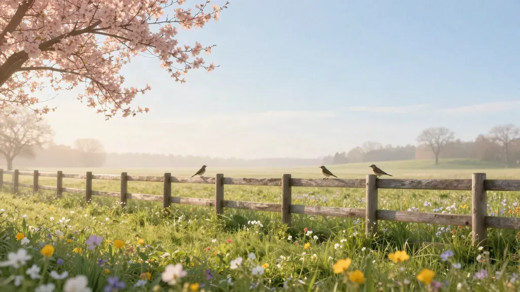 A misty field at dawn with birds on a fence