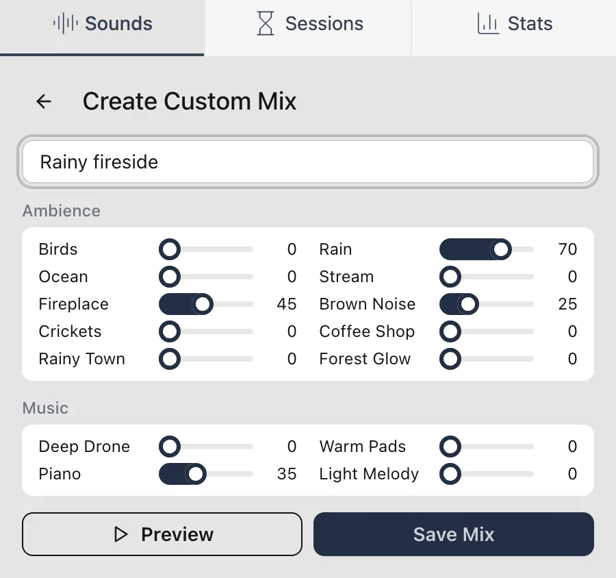 The custom mix editor with Rain at 70, Fireplace at 45, Brown Noise at 25 and Piano at 35