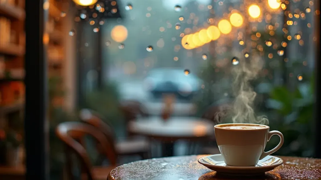 Rain on the window of a warm café