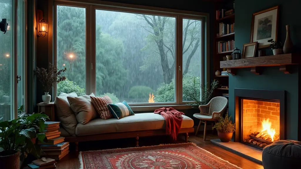A reading room with rain outside and a fire