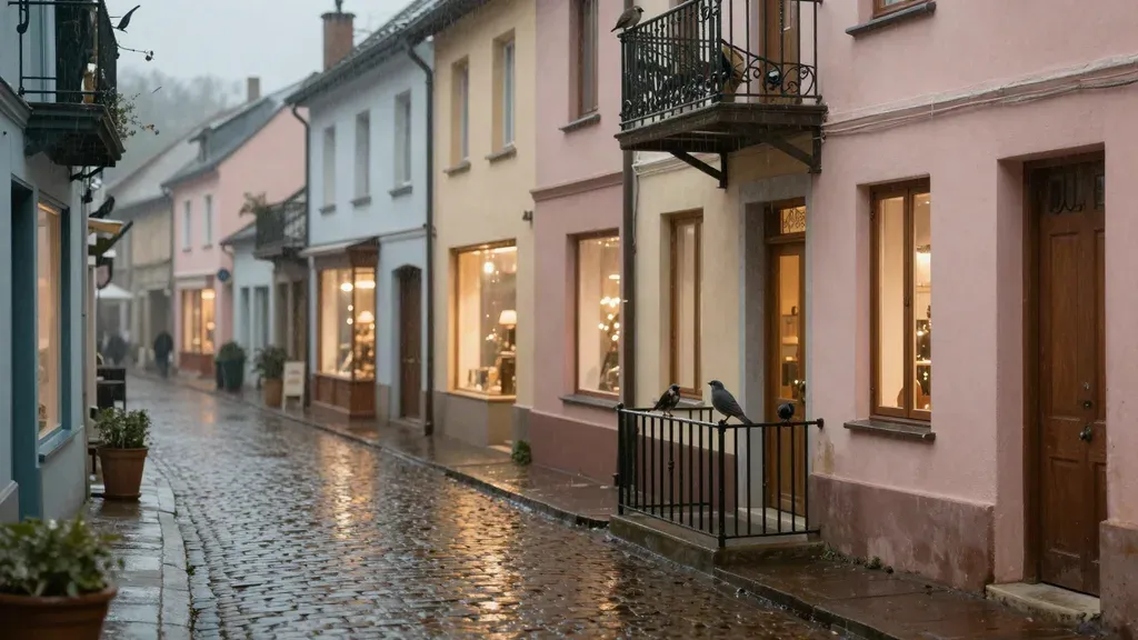 A wet street of old houses in the rain