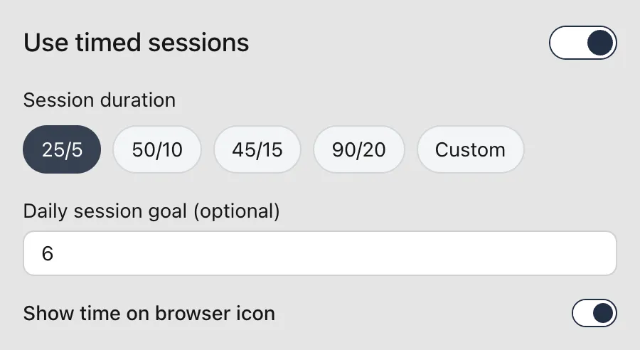 Session settings with timed sessions on, the 25/5 rhythm chosen and a daily goal of six