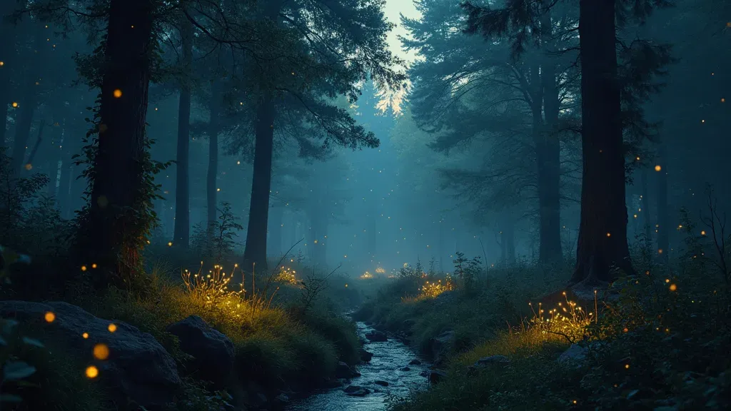 A stream running through a forest at dusk