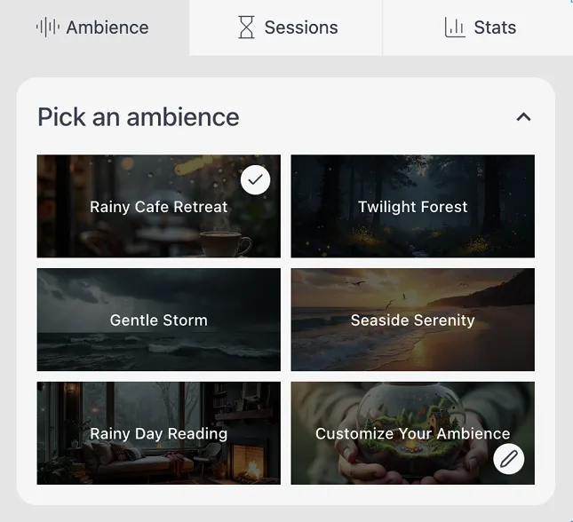 Ambient sound selector with white noise, nature sounds, and focus music options